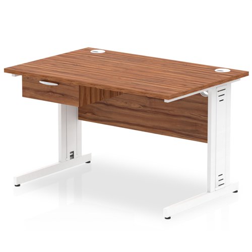 Impulse 1200 x 800mm Straight Office Desk Walnut Top White Cable Managed Leg Workstation 1 x 1 Drawer Fixed Pedestal