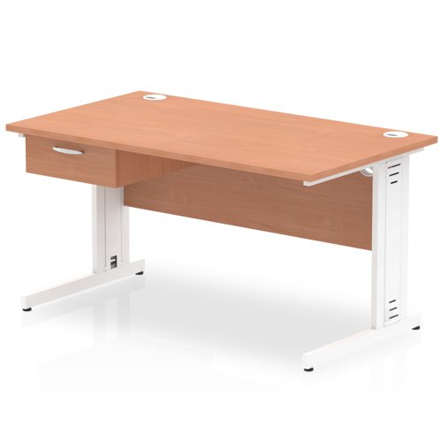 Impulse 1400 x 800mm Straight Office Desk Beech Top White Cable Managed Leg Workstation 1 x 1 Drawer Fixed Pedestal