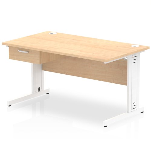 Impulse 1400 x 800mm Straight Office Desk Maple Top White Cable Managed Leg Workstation 1 x 1 Drawer Fixed Pedestal