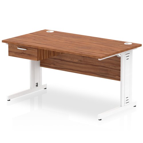 Impulse 1400 x 800mm Straight Office Desk Walnut Top White Cable Managed Leg Workstation 1 x 1 Drawer Fixed Pedestal