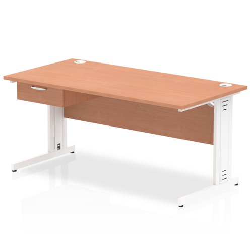 Impulse 1600 x 800mm Straight Office Desk Beech Top White Cable Managed Leg Workstation 1 x 1 Drawer Fixed Pedestal