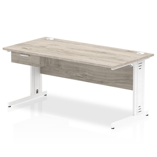 Impulse 1600 x 800mm Straight Office Desk Grey Oak Top White Cable Managed Leg Workstation 1 x 1 Drawer Fixed Pedestal