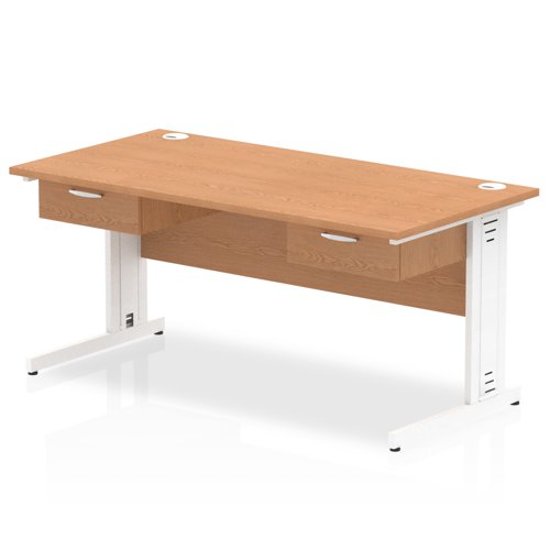 Impulse 1600 x 800mm Straight Office Desk Oak Top White Cable Managed Leg Workstation 2 x 1 Drawer Fixed Pedestal