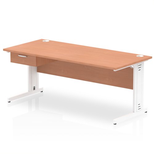 Impulse 1800 x 800mm Straight Office Desk Beech Top White Cable Managed Leg Workstation 1 x 1 Drawer Fixed Pedestal