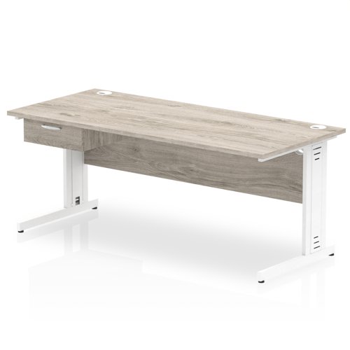 Impulse 1800 x 800mm Straight Office Desk Grey Oak Top White Cable Managed Leg Workstation 1 x 1 Drawer Fixed Pedestal