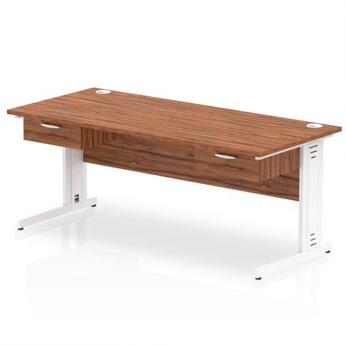 Impulse 1800 x 800mm Straight Office Desk Walnut Top White Cable Managed Leg Workstation 2 x 1 Drawer Fixed Pedestal