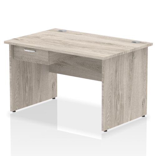 Impulse 1200 x 800mm Straight Office Desk Grey Oak Top Panel End Leg Workstation 1 x 1 Drawer Fixed Pedestal