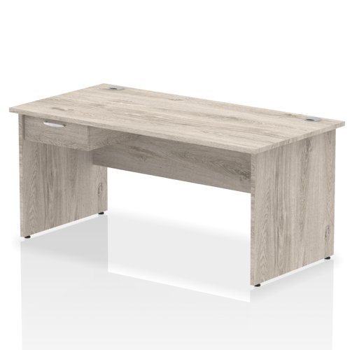 Impulse 1600 x 800mm Straight Office Desk Grey Oak Top Panel End Leg Workstation 1 x 1 Drawer Fixed Pedestal