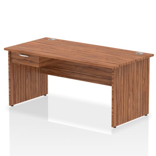 Impulse 1600 x 800mm Straight Office Desk Walnut Top Panel End Leg Workstation 1 x 1 Drawer Fixed Pedestal