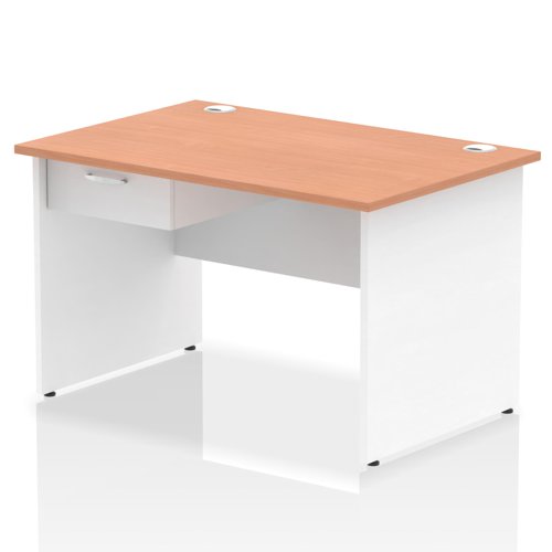 Impulse 1200 x 800mm Straight Office Desk Beech Top White Panel End Leg Workstation 1 x 1 Drawer Fixed Pedestal