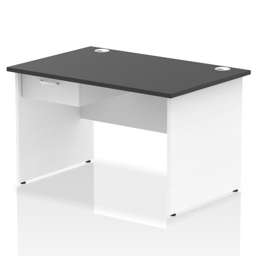 Impulse 1200 x 800mm Straight Office Desk Black Top White Panel End Leg Workstation 1 x 1 Drawer Fixed Pedestal