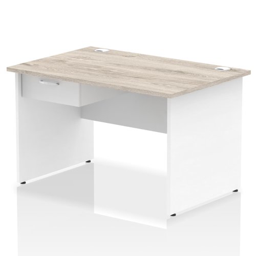 Impulse 1200 x 800mm Straight Office Desk Grey Oak Top White Panel End Leg Workstation 1 x 1 Drawer Fixed Pedestal