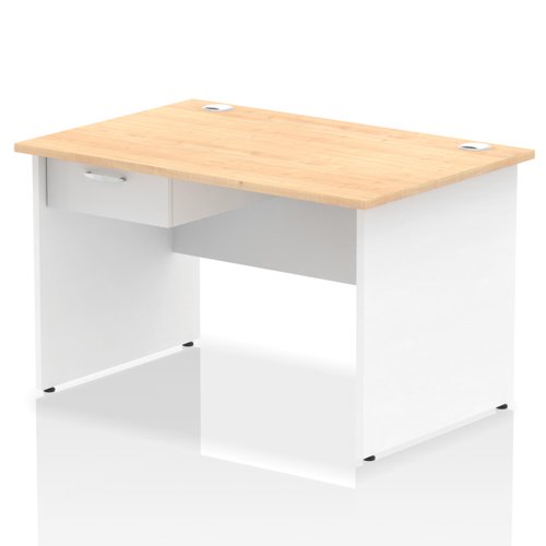Impulse 1200 x 800mm Straight Office Desk Maple Top White Panel End Leg Workstation 1 x 1 Drawer Fixed Pedestal