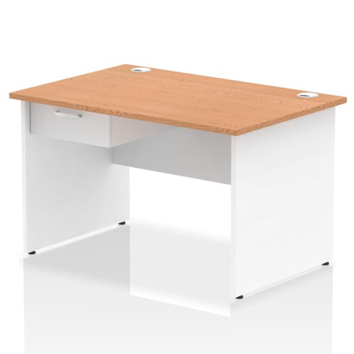 Impulse 1200 x 800mm Straight Office Desk Oak Top White Panel End Leg Workstation 1 x 1 Drawer Fixed Pedestal