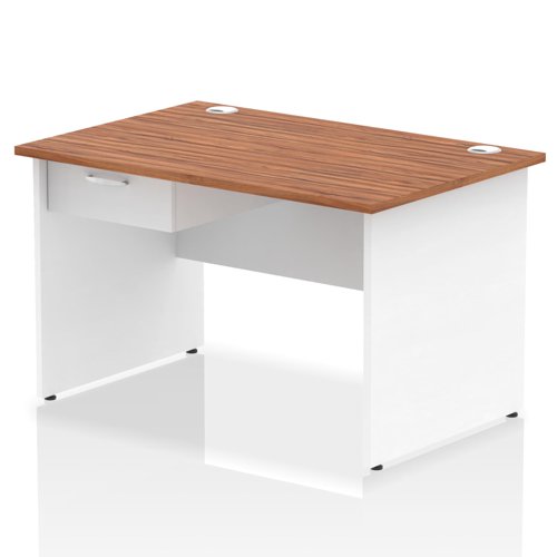 Impulse 1200 x 800mm Straight Office Desk Walnut Top White Panel End Leg Workstation 1 x 1 Drawer Fixed Pedestal