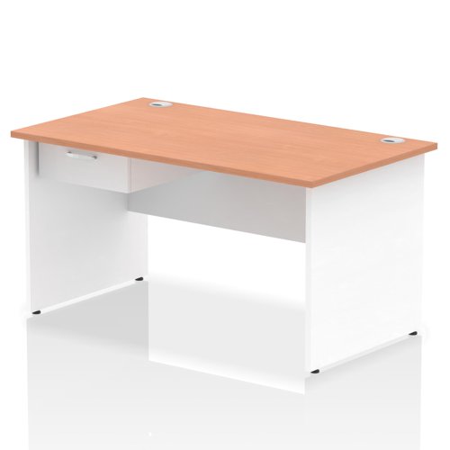 Impulse 1400 x 800mm Straight Office Desk Beech Top White Panel End Leg Workstation 1 x 1 Drawer Fixed Pedestal