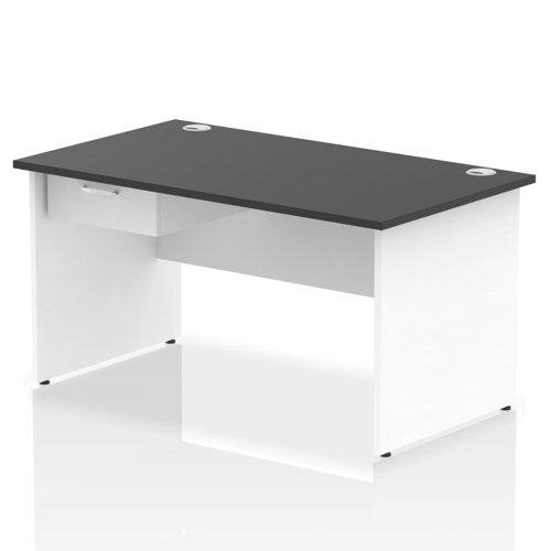 Impulse 1400 x 800mm Straight Office Desk Black Top White Panel End Leg Workstation 1 x 1 Drawer Fixed Pedestal