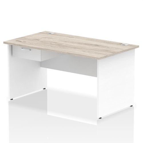 Impulse 1400 x 800mm Straight Office Desk Grey Oak Top White Panel End Leg Workstation 1 x 1 Drawer Fixed Pedestal