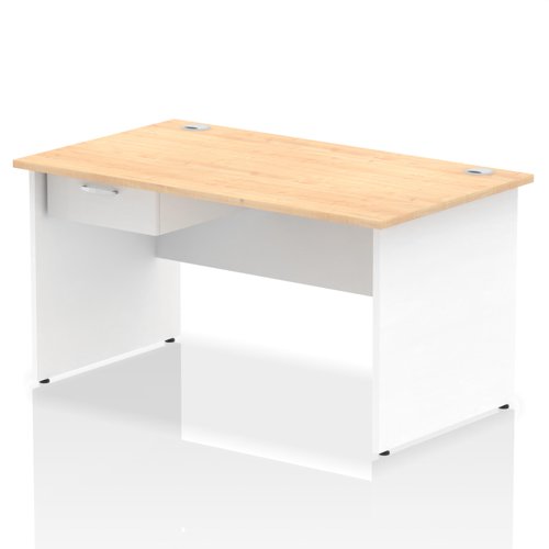Impulse 1400 x 800mm Straight Office Desk Maple Top White Panel End Leg Workstation 1 x 1 Drawer Fixed Pedestal