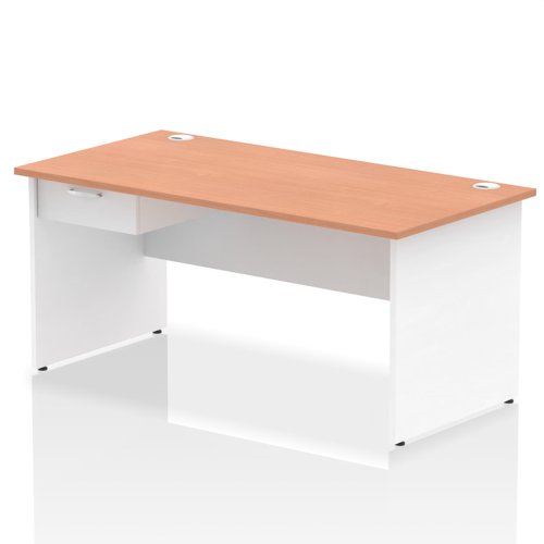 Impulse 1600 x 800mm Straight Office Desk Beech Top White Panel End Leg Workstation 1 x 1 Drawer Fixed Pedestal