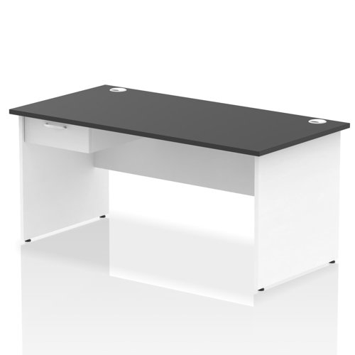 Impulse 1600 x 800mm Straight Office Desk Black Top White Panel End Leg Workstation 1 x 1 Drawer Fixed Pedestal