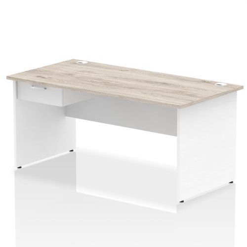 Impulse 1600 x 800mm Straight Office Desk Grey Oak Top White Panel End Leg Workstation 1 x 1 Drawer Fixed Pedestal