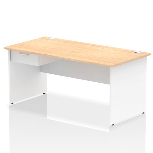 Impulse 1600 x 800mm Straight Office Desk Maple Top White Panel End Leg Workstation 1 x 1 Drawer Fixed Pedestal