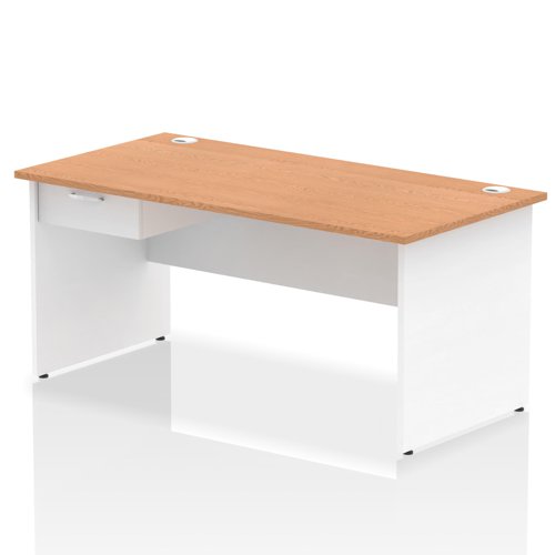 Impulse 1600 x 800mm Straight Office Desk Oak Top White Panel End Leg Workstation 1 x 1 Drawer Fixed Pedestal