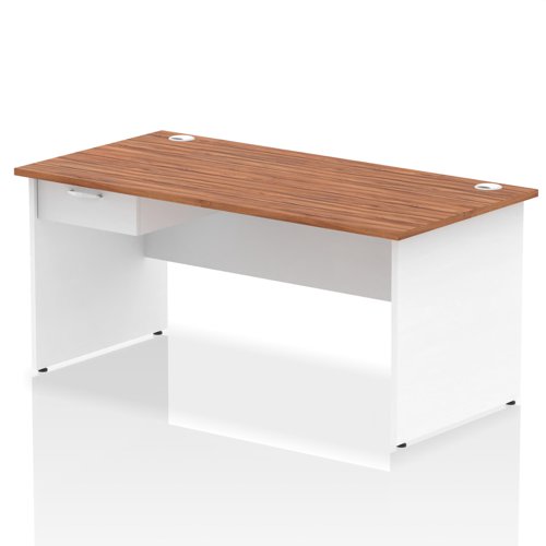 Impulse 1600 x 800mm Straight Office Desk Walnut Top White Panel End Leg Workstation 1 x 1 Drawer Fixed Pedestal