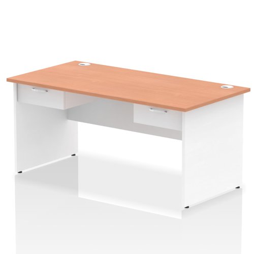 Impulse 1600 x 800mm Straight Office Desk Beech Top White Panel End Leg Workstation 2 x 1 Drawer Fixed Pedestal