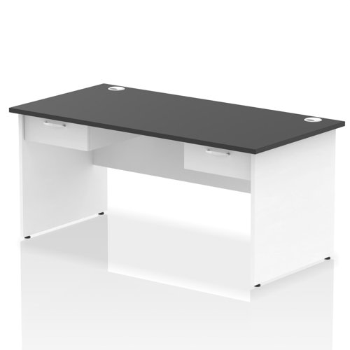 Impulse 1600 x 800mm Straight Office Desk Black Top White Panel End Leg Workstation 2 x 1 Drawer Fixed Pedestal