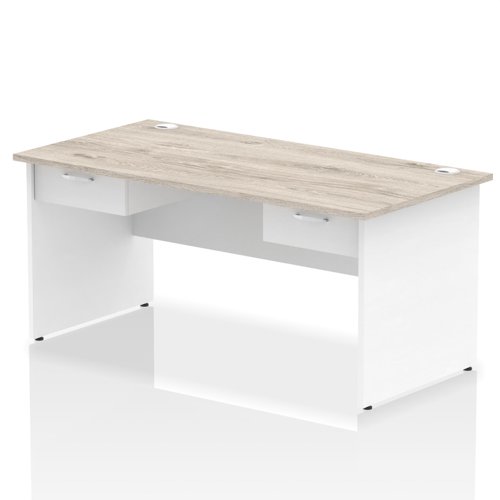 Impulse 1600 x 800mm Straight Office Desk Grey Oak Top White Panel End Leg Workstation 2 x 1 Drawer Fixed Pedestal