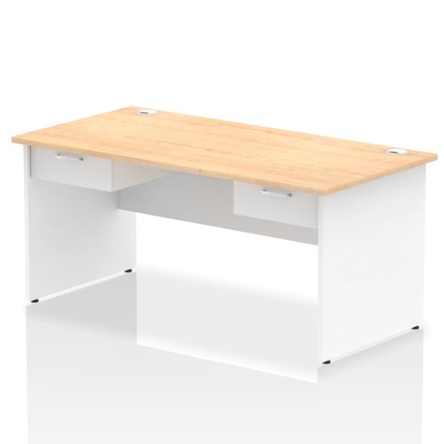 Impulse 1600 x 800mm Straight Office Desk Maple Top White Panel End Leg Workstation 2 x 1 Drawer Fixed Pedestal