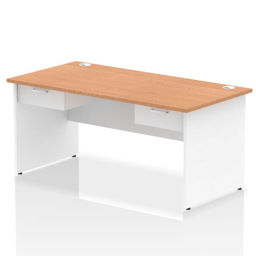 Impulse 1600 x 800mm Straight Office Desk Oak Top White Panel End Leg Workstation 2 x 1 Drawer Fixed Pedestal
