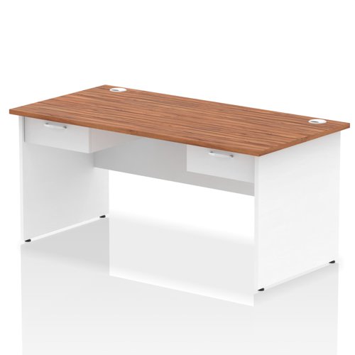 Impulse 1600 x 800mm Straight Office Desk Walnut Top White Panel End Leg Workstation 2 x 1 Drawer Fixed Pedestal