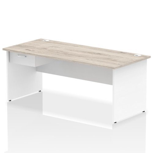Impulse 1800 x 800mm Straight Office Desk Grey Oak Top White Panel End Leg Workstation 1 x 1 Drawer Fixed Pedestal