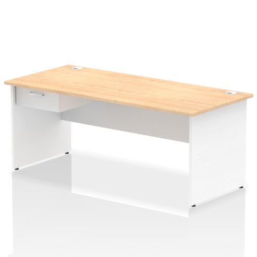 Impulse 1800 x 800mm Straight Office Desk Maple Top White Panel End Leg Workstation 1 x 1 Drawer Fixed Pedestal