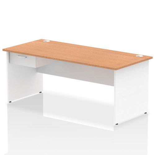 Impulse 1800 x 800mm Straight Office Desk Oak Top White Panel End Leg Workstation 1 x 1 Drawer Fixed Pedestal