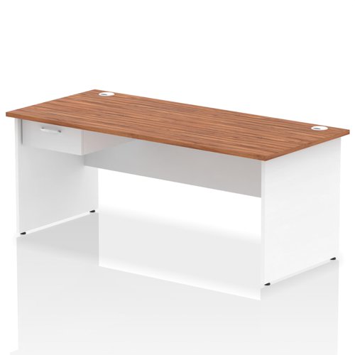 Impulse 1800 x 800mm Straight Office Desk Walnut Top White Panel End Leg Workstation 1 x 1 Drawer Fixed Pedestal