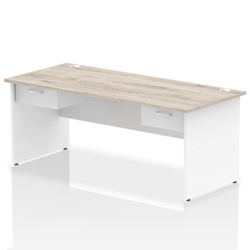 Impulse 1800 x 800mm Straight Office Desk Grey Oak Top White Panel End Leg Workstation 2 x 1 Drawer Fixed Pedestal