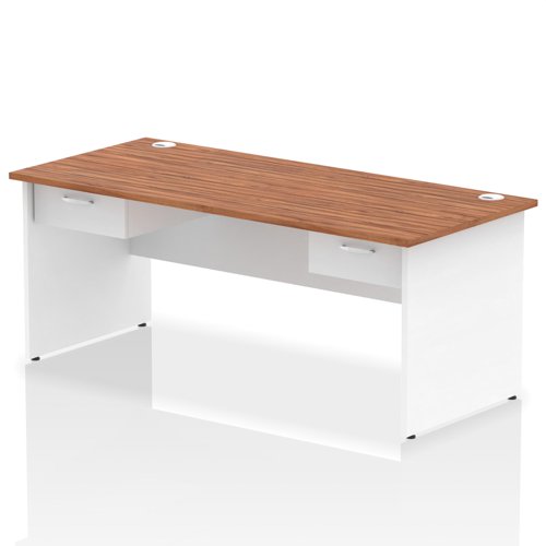 Impulse 1800 x 800mm Straight Office Desk Walnut Top White Panel End Leg Workstation 2 x 1 Drawer Fixed Pedestal
