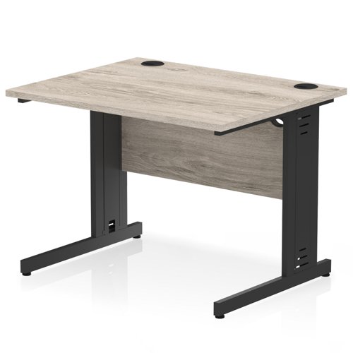 Impulse 1000 x 800mm Straight Office Desk Grey Oak Top Black Cable Managed Leg