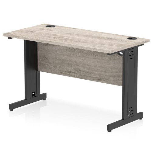 Impulse 1200 x 600mm Straight Office Desk Grey Oak Top Black Cable Managed Leg