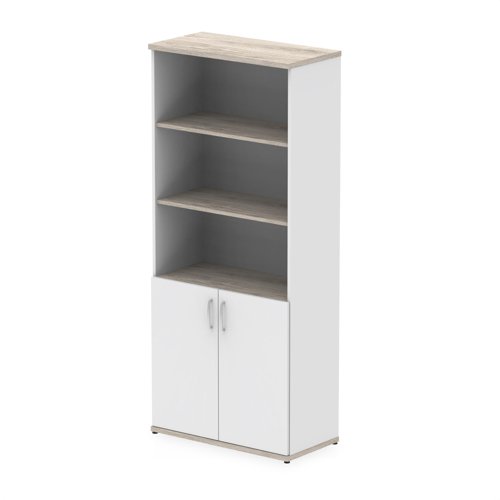 Impulse 2000mm Open Shelves Cupboard Grey Oak and White with White Doors