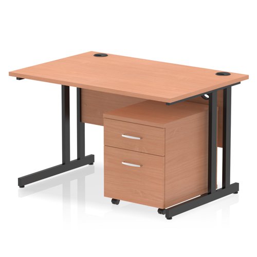 Impulse 1200 x 800mm Straight Office Desk Beech Top Black Cantilever Leg Workstation 2 Drawer Mobile Pedestal