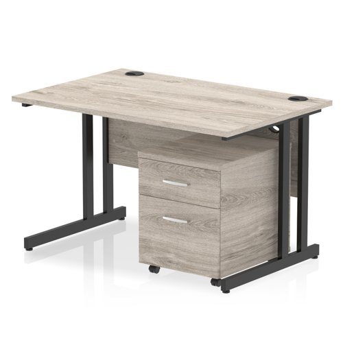 Impulse 1200 x 800mm Straight Office Desk Grey Oak Top Black Cantilever Leg Workstation 2 Drawer Mobile Pedestal