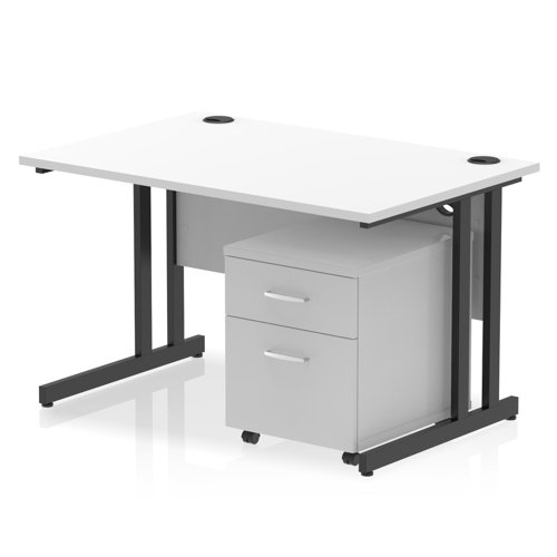 Impulse 1200 x 800mm Straight Office Desk White Top Black Cantilever Leg Workstation 2 Drawer Mobile Pedestal