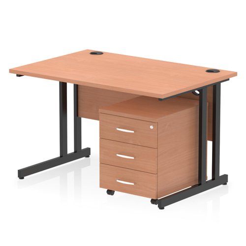 Impulse 1200 x 800mm Straight Office Desk Beech Top Black Cantilever Leg Workstation 3 Drawer Mobile Pedestal