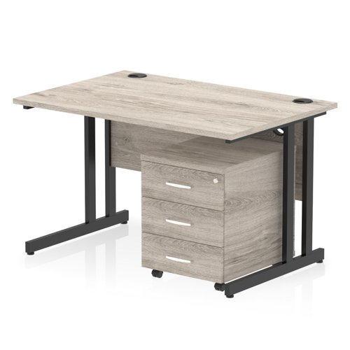 Impulse 1200 x 800mm Straight Office Desk Grey Oak Top Black Cantilever Leg Workstation 3 Drawer Mobile Pedestal