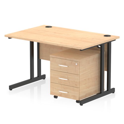 Impulse 1200 x 800mm Straight Office Desk Maple Top Black Cantilever Leg Workstation 3 Drawer Mobile Pedestal